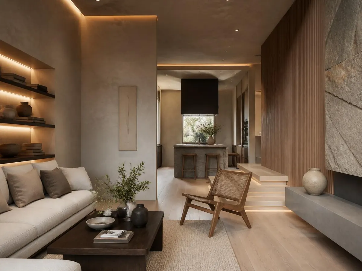 Wohnraum mit warmer Materialpalette und integrierter Beleuchtung